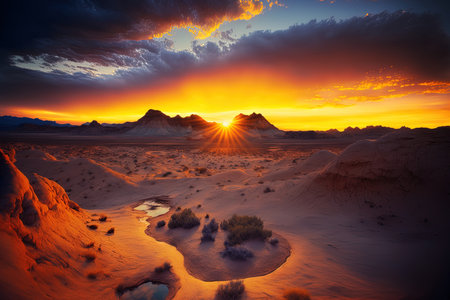 Amazing sunset image of a stunning desert beneath an overcast skyの素材