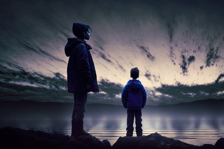 An outdoor photo of a woman and son at dusk with copy spaceの素材