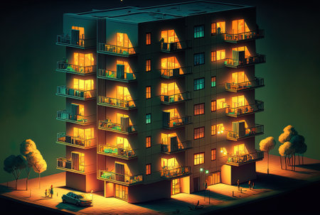 Apartment building with lights in a future city at nightの素材