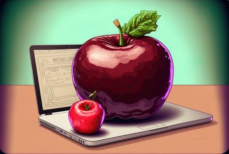 Apple and laptop in closeup next to a dish of red cabbage and tomatoesの素材