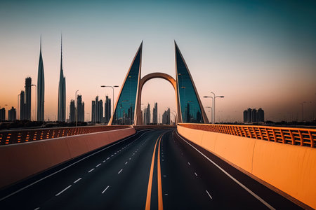 An empty road on the Meydan Bridge in Dubai, with a view of the city in the distanceの素材