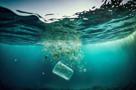 An image of trash plastic bottles drifting in the oceanの素材