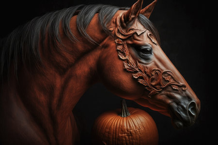 Artistic close up of a red horse with a pumpkin for Halloweenの素材