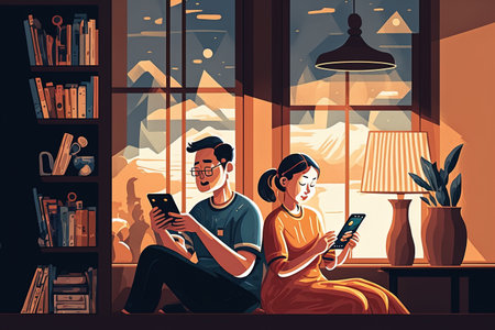 Asian couple cheerfully using their smartphones to research information at homeの素材