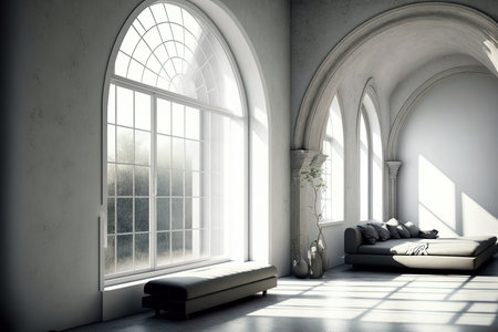 Arch windows and a minimalist interior with worn out walls. interior design modelの素材