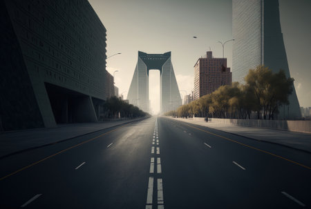 Asphalt road without any traffic and contemporary businesses in Beijing, Chinaの素材