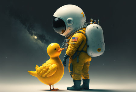 Astronaut holding an inflatable yellow duckの素材