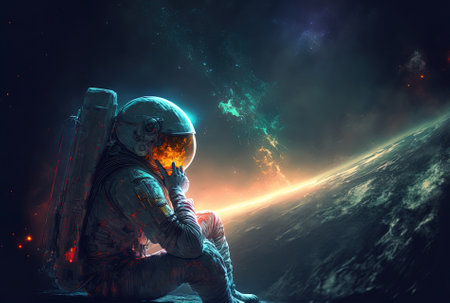 Astronaut thinking about lights in deep spaceの素材