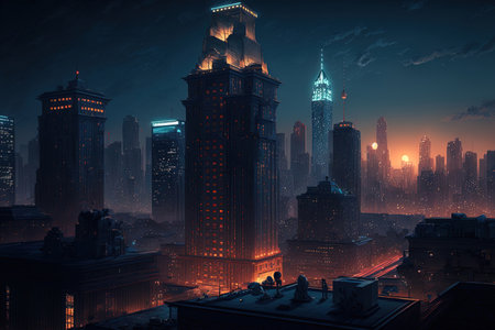 At nightfall, a contemporary metropolitan skyline with buildings can be seenの素材