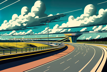 Autobahn in the foreground of a cloudy blue skyの素材