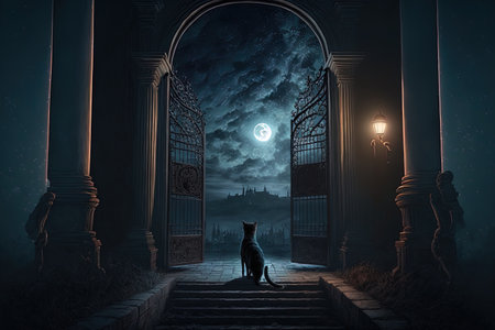 At night, a wonderful gateway and a superhero catの素材