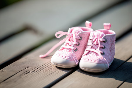 Baby girl shoes in pink on a wooden outdoor floorの素材