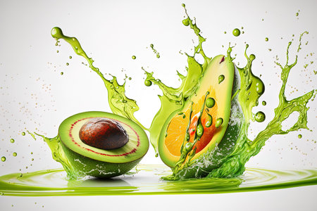 Avocado slices with splashes isolated on whiteの素材