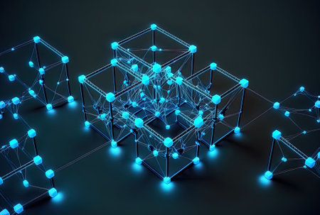 Background of a blue neon plexus network with cubesの素材