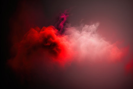 Background effect of smoke and crimson fog. Red eye steam cloud mist smoke textureの素材