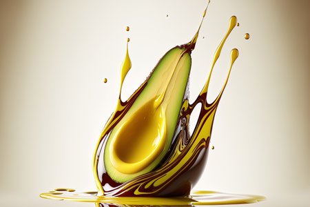 Avocado oil drips across a white backdrop in isolated formの素材