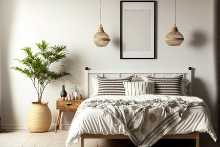 Background of a bedroom decorated in a nomadic styleの素材