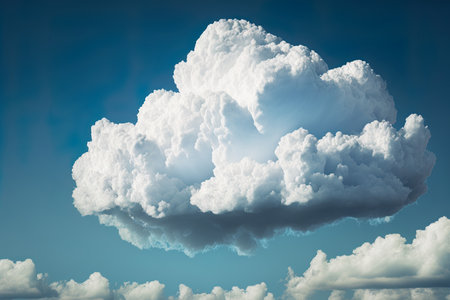 Background of a fluffy white cumulus cloud with a little white cloud and blue skyの素材