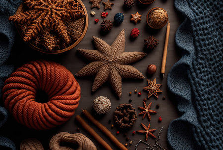 Background for Christmas including knitted fabric, spices, and decoration accentsの素材