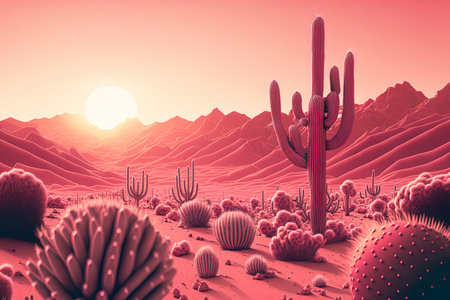 Background of a pink desert with cactus and the sunの素材