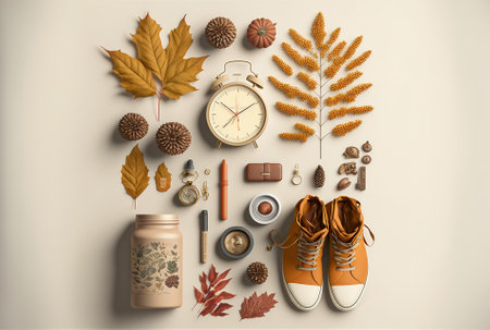 Background of an autumnal flat lay on whiteの素材