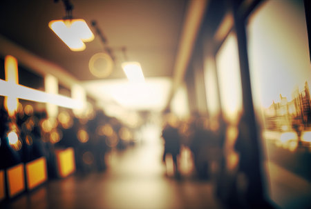 Background of a retail center in an abstract blur with light bokeh and flareの素材