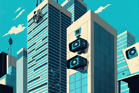 Background of blue modern office towers with security camerasの素材