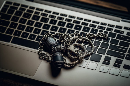 Background of handcuffs on a laptop keyboardの素材