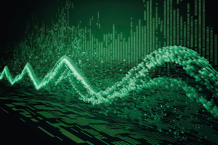 Background of future waves in green with computer codeの素材