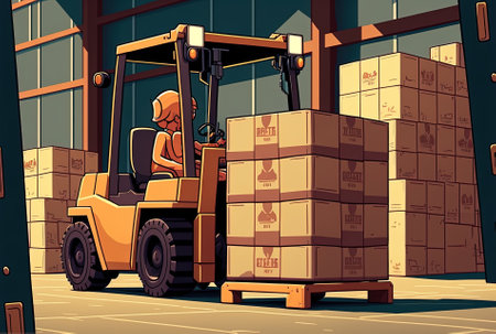 Background of moving and loading cardboard pallet boxes with forklift at warehouseの素材