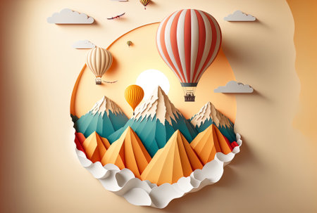 Background of paper art journey with a balloon soaring. image in formatの素材