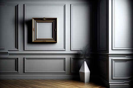 Background of corner room with contemporary gray classical square design on wood wallの素材
