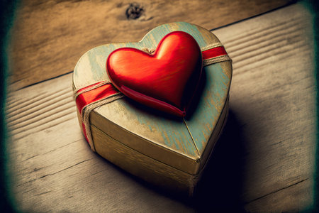 Background with a red holiday gift and a heart on a wooden surfaceの素材
