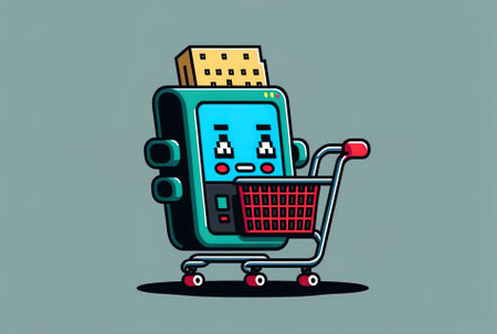 Characterized with a pixel hand cursor and a cartoon shopping cartの素材