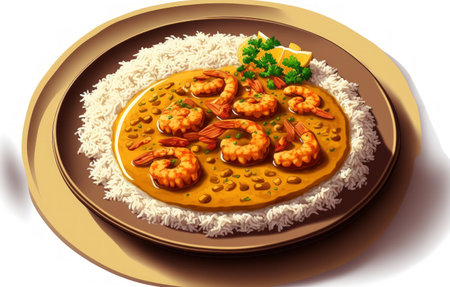 Shrimps in curry sauce and rice on a plate, selecive focusの素材
