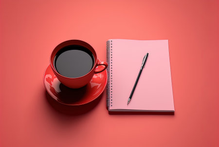 On a pink background, a red notepad features a cup of tea and a black penの素材