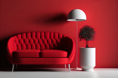 a tiny interior space with a sofa and a crimson background, a red icon in monochrome,の素材