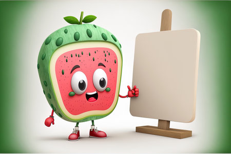 Cute watermelon figure in a cartoon idea holding an open sign board designの素材
