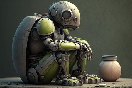 Robotic android contemplates while sitting idleの素材