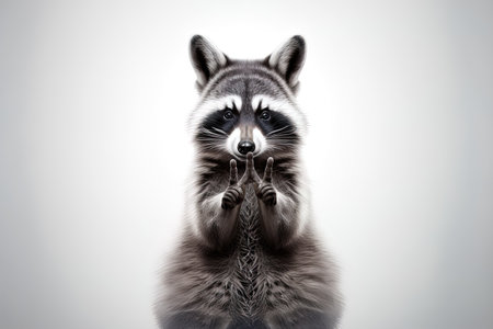 Funny raccoon on a white background, displaying the peace signの素材