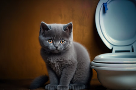 Cute British Shorthair kitten at home using the toiletの素材
