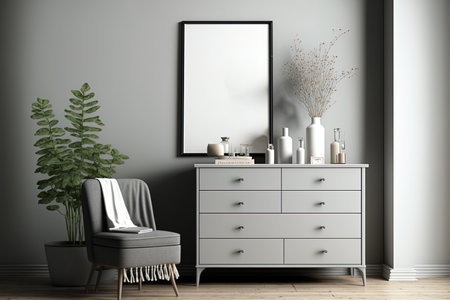 Illustration mockup of a gray home with a dresser and decorationsの素材