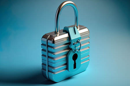 cybersecurity concept, a padlock on a laptop with a blue backgroundの素材