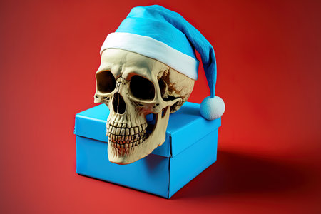 On a blue backdrop, a skeleton clutching a gift box is wearing a Santa capの素材