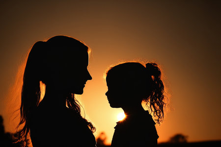 Mother and daughter standing in silhouette against the setting sunの素材
