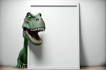 charming dinosaur on a blank board template with a white backdropの素材