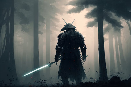 Black clad robotic samurai in misty woodland with a swordの素材