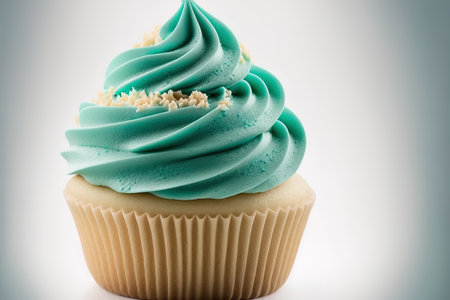 Butter cream frosting on a teal birthday cupcake, isolated on whiteの素材