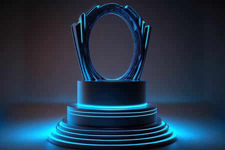 Empty blue podium for product display in the shape of a trophy with a blue neon ringの素材