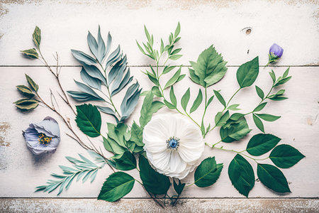 Inviting floral arrangement over a rustic white wooden background. Look from aboveの素材